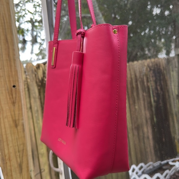 Joy & Iman Hot Pink Leather Tote Tassels Built In Organizer Tons Of Pockets - Picture 6 of 16